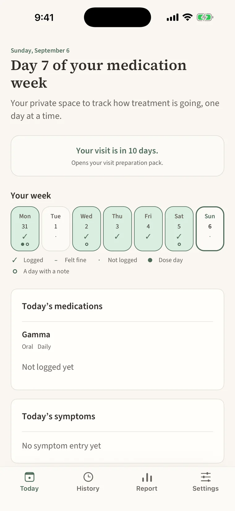 The Zuyu Today screen, showing Sunday September 6, day 7 of the medication week, and the medications scheduled for the day.