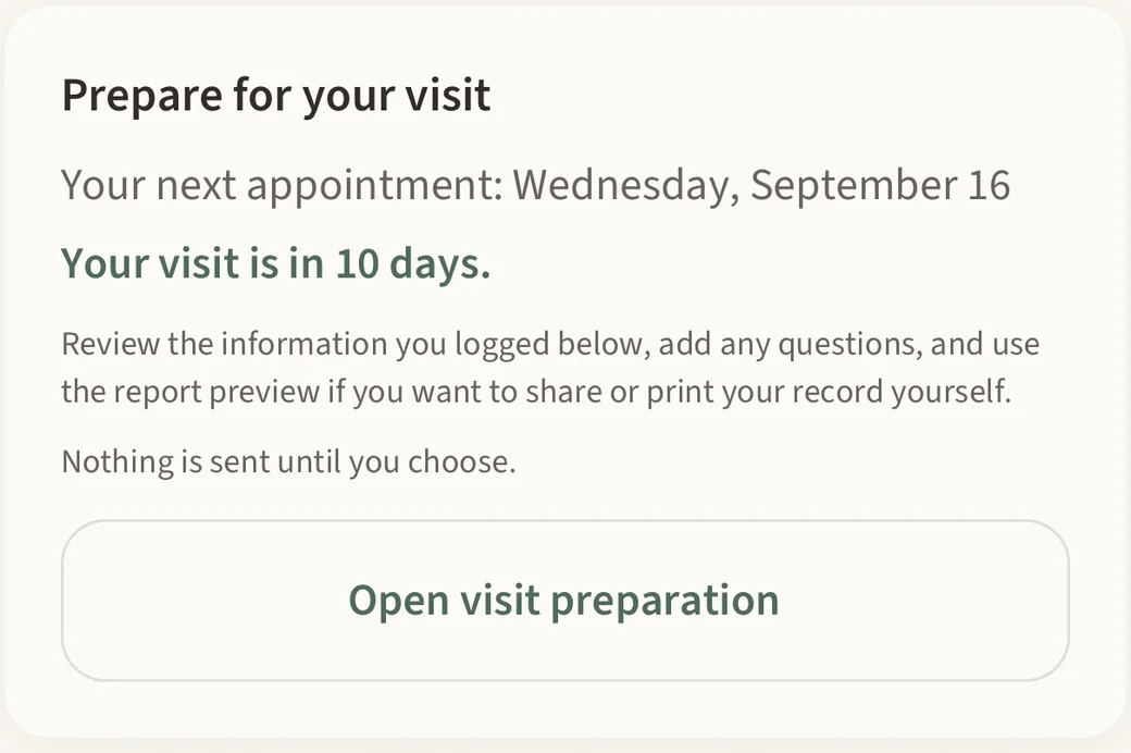 A visit preparation card: your next appointment is Wednesday September 16, your visit is in 10 days, with a button to open visit preparation.